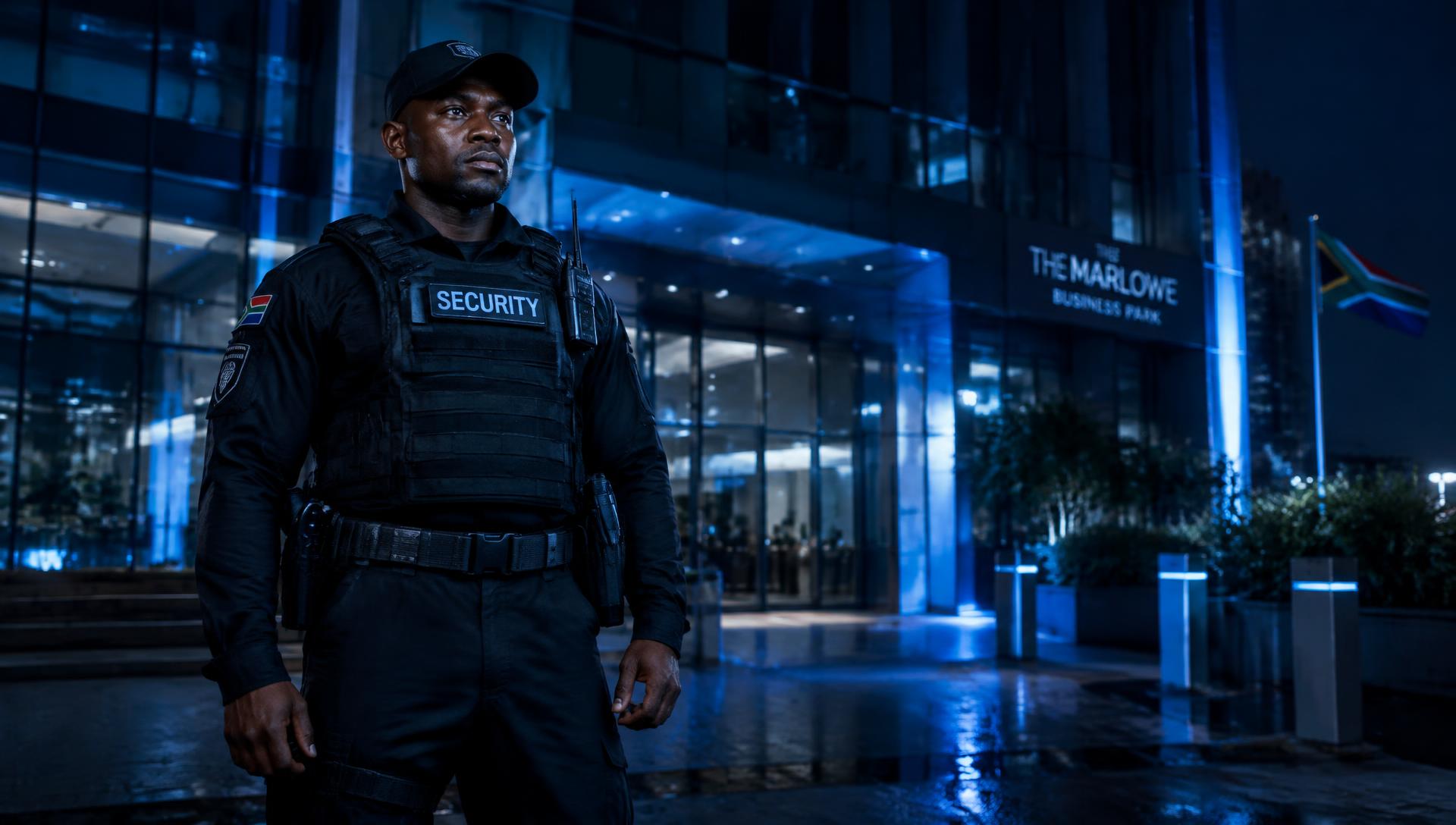 Professional security guard outside a commercial building at night